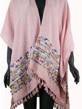Boho Pink Embroidered Tassel Kimono Ruana Wrap Cover Up NWT